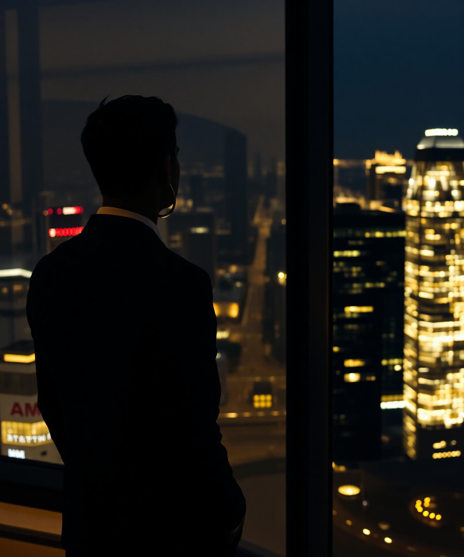 Operator overlooking city skyline at night